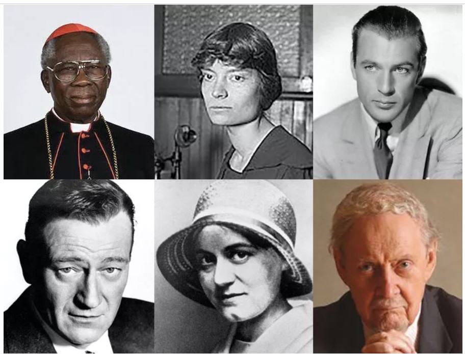 (Theo chiều kim đồng hồ từ trên cùng bên trái: Đức Hồng y Francis Arinze, tôi tớ Chúa Dorothy Day, Gary Cooper, Robert Bork, Thánh Teresa Benedicta (Edith Stein) và John Wayne).